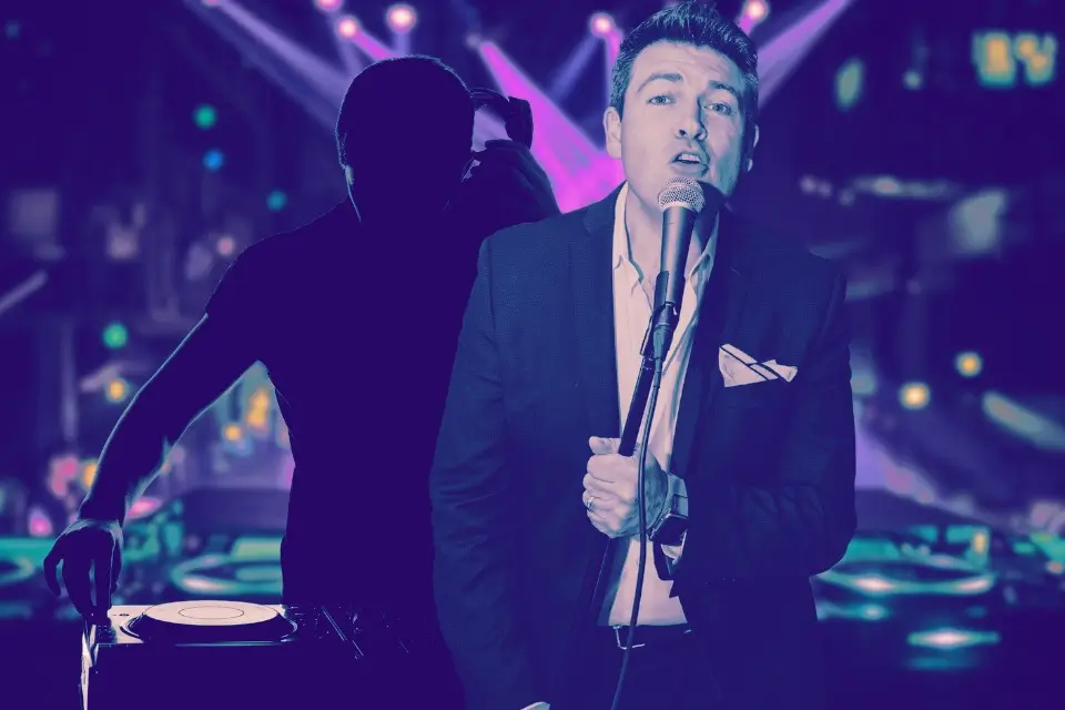 Wedding band vocalist performing live with DJ-style entertainment at a New Jersey reception