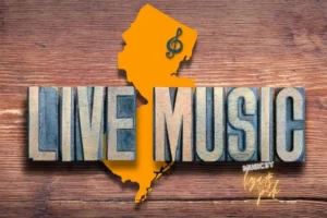 Live music in Bergen County NJ graphic featuring the New Jersey state outline and Liza & Josh