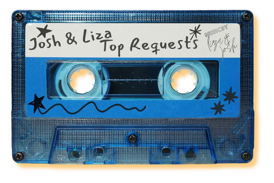 Blue cassette tape labeled Josh & Liza Top Requests representing Liza & Josh’s most requested live music songs in Bergen County.