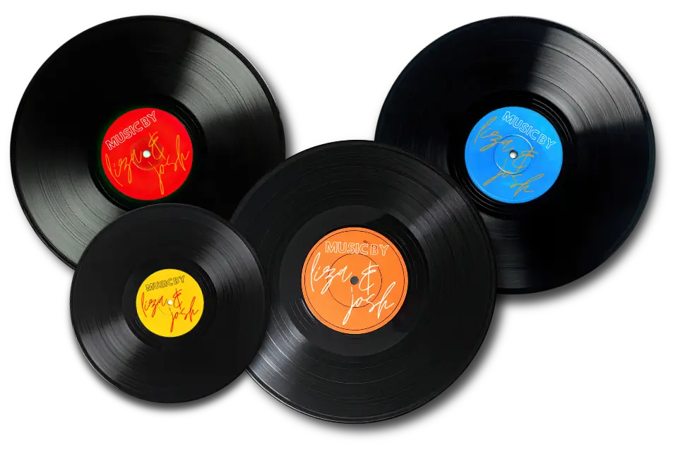Vinyl records representing Liza & Josh’s ability to cover more than 1,000 songs across decades and genres for live events in New Jersey.